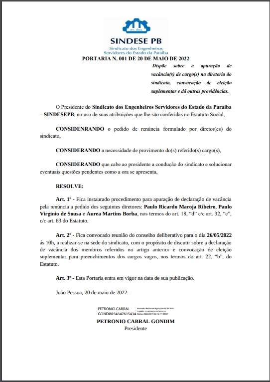 PORTARIA N. 001 DE 20 DE MAIO DE 2022