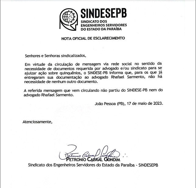 SINDESEPB Publica Nota Oficial de Esclarecimento