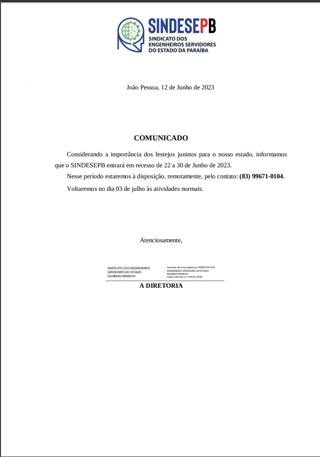 Comunicado Recesso Junino