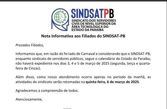 Nota Informativa aos Filiados do SINDSAT-PB